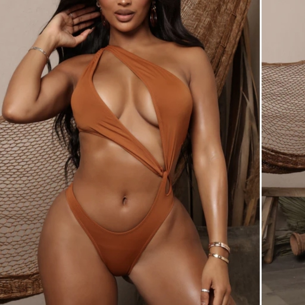 One-Shoulder Cutout Monokini Swimsuit - Rust